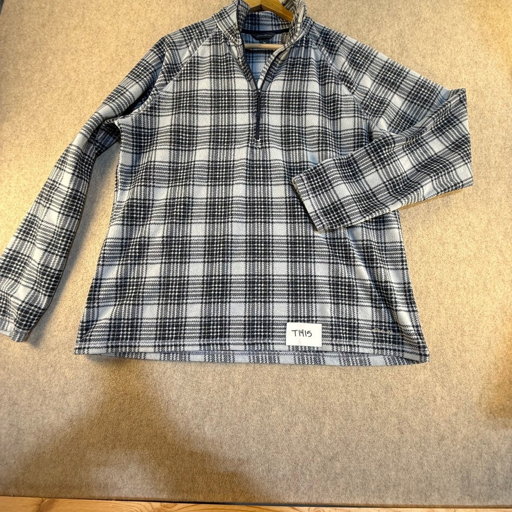 Eddie Bauer Womens XL Black White Plaid Quarter Zip Fleece Pullover‎ Sweater